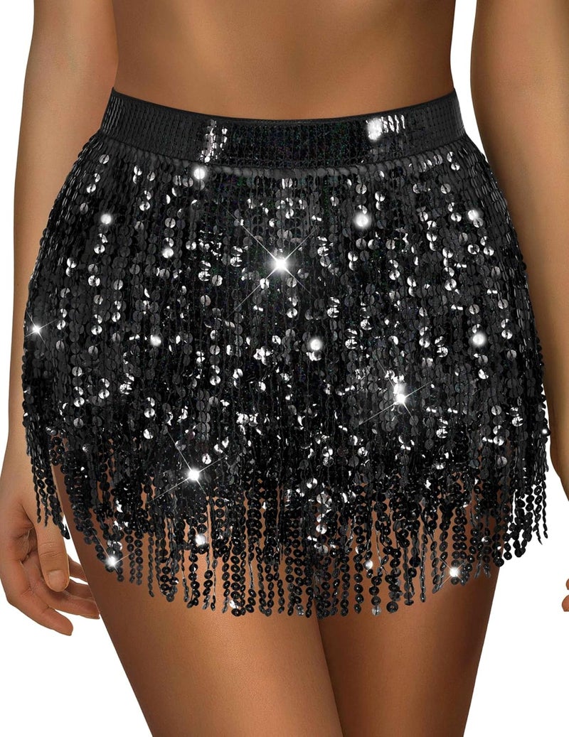 Sarfel Sequin Skirt Sparkly Skirt Belly Dance Skirt Glitter Skirt Rave Sparkle Skirt Sequin Tassel Skirt Fringe Hip Scarf Women - Image 1
